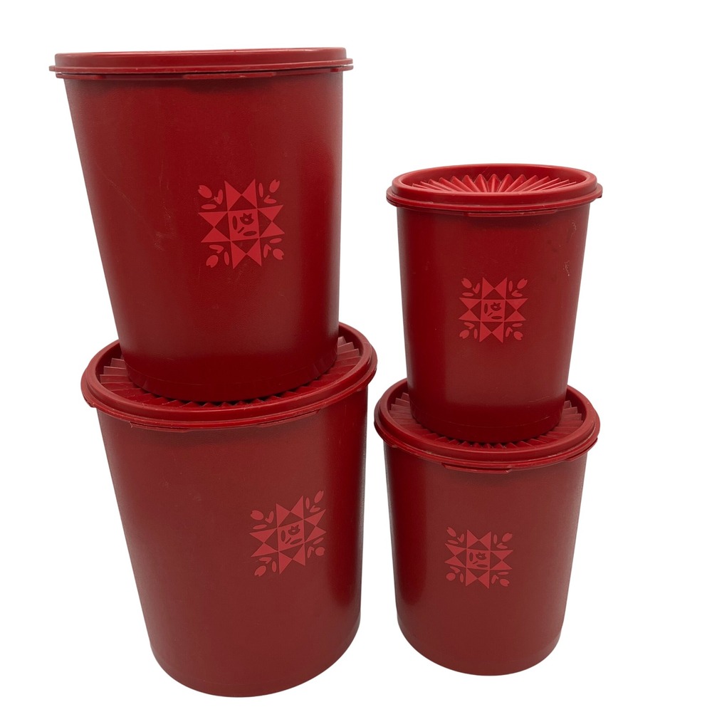 Tupperware Servalier Canister Set 4pc Red Tulip Quilt Vintage 70s Sunburst Lid